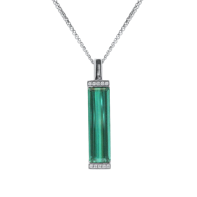 Estate 18k White Gold Elongated Green Tourmaline & Diamond Pendant