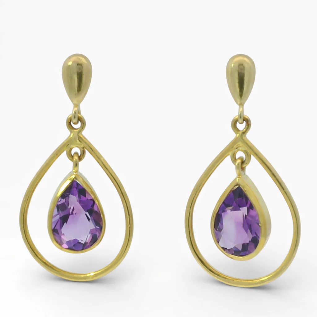 Estate 18K Yellow Gold Amethyst Pear Shaped Drop Earrings