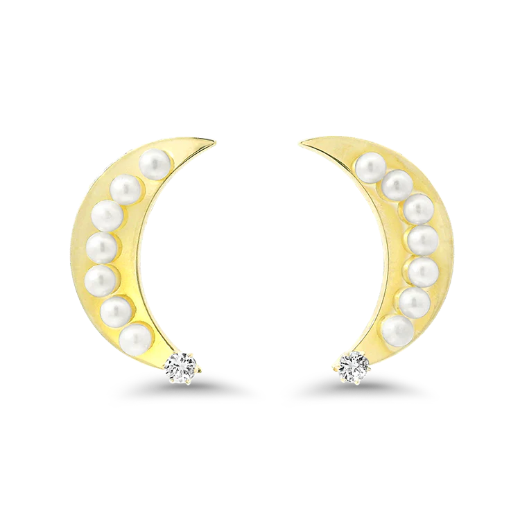 Estate 18k Yellow Gold Cresent Moon Pearl and Diamond Earrings