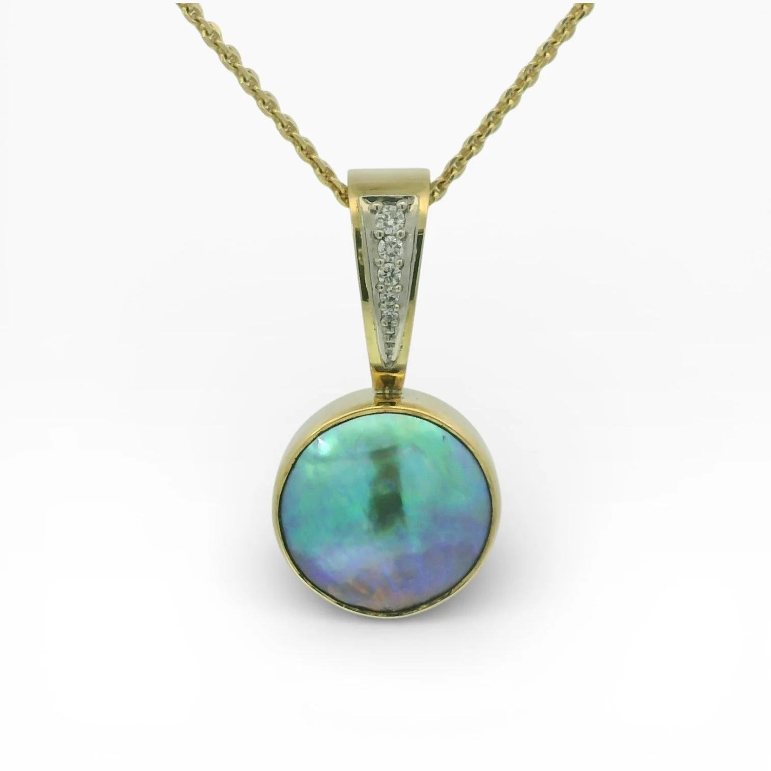 Estate 18K Yellow Gold Grey Mabe Pearl & Diamond Enhancer Pendant