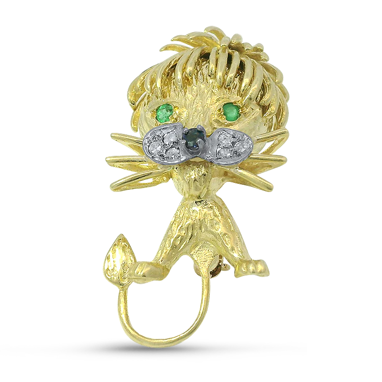 Estate 18K Yellow Gold Lion Pin with Emerald, Sapphire & Diamond Accents