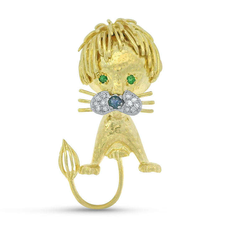 Estate 18K Yellow Gold Lion Pin with Emerald, Sapphire & Diamond Accents