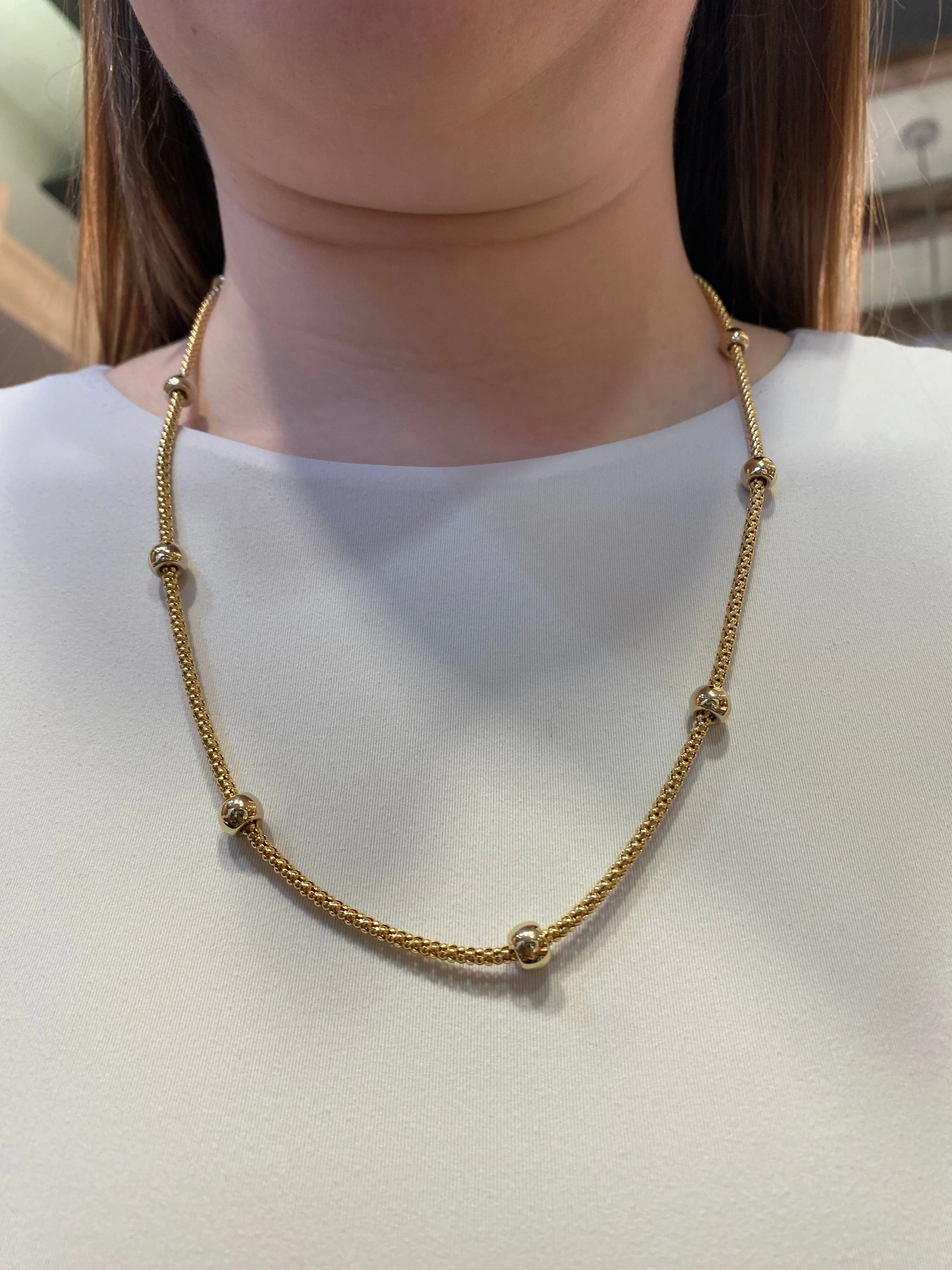 Estate 18k Yellow Gold Popcorn Chain Necklace with Bead Stations - Image 2