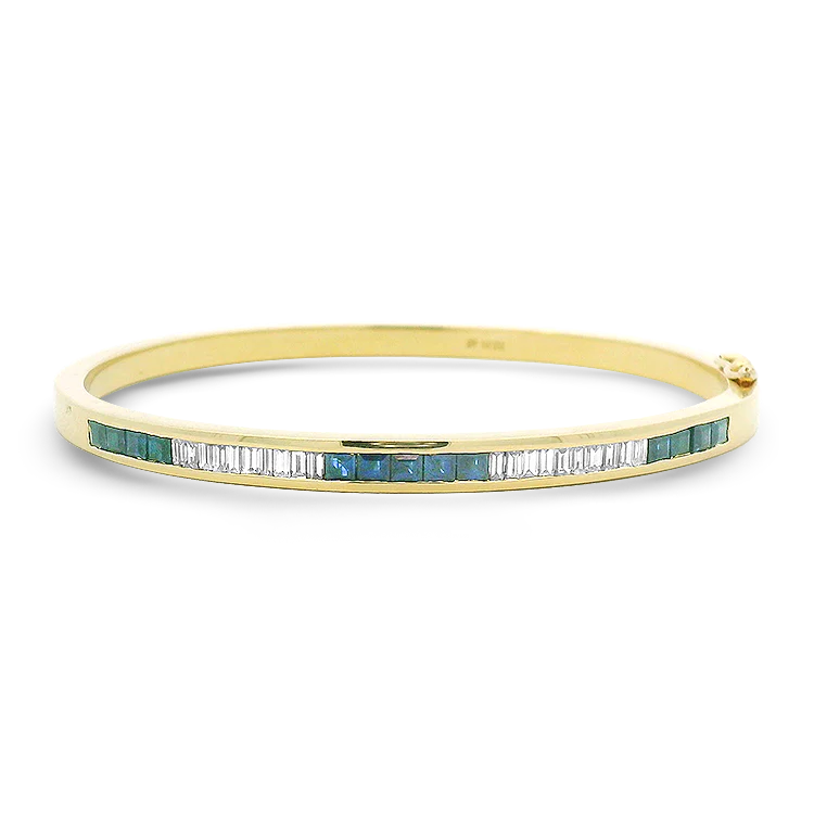 Estate 18k Yellow Gold Sapphire & Diamond Hinged Bangle Bracelet