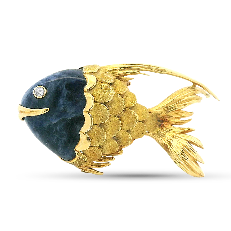 Estate 18k Yellow Gold Sodalite and Diamond French Fish Pendant