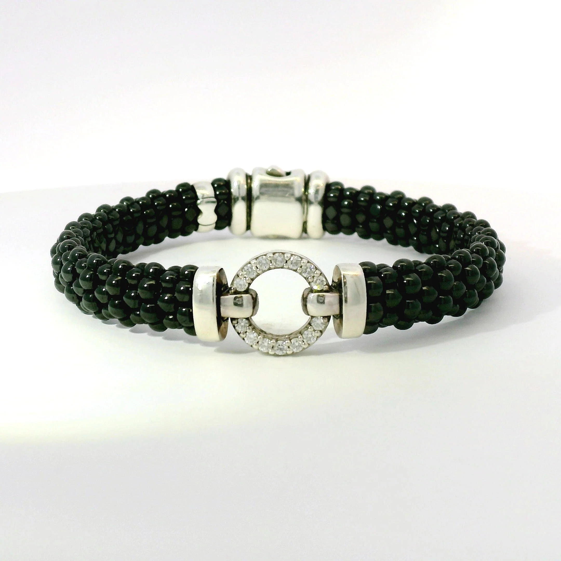 Estate Lagos Sterling Silver Black Caviar Bracelet with Diamonds