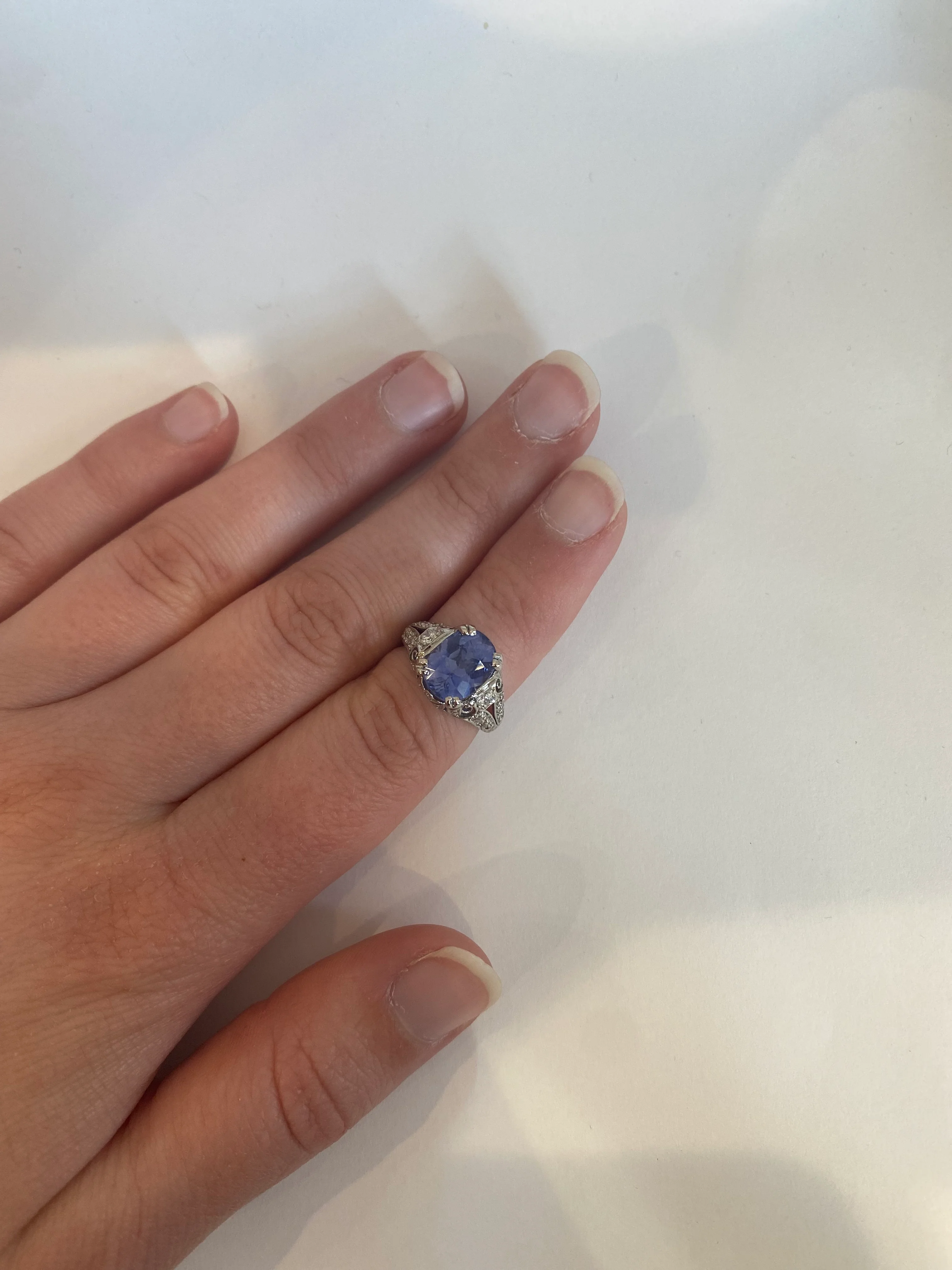 Estate Late Art Deco Platinum Sapphire & Diamond Ring - Image 2