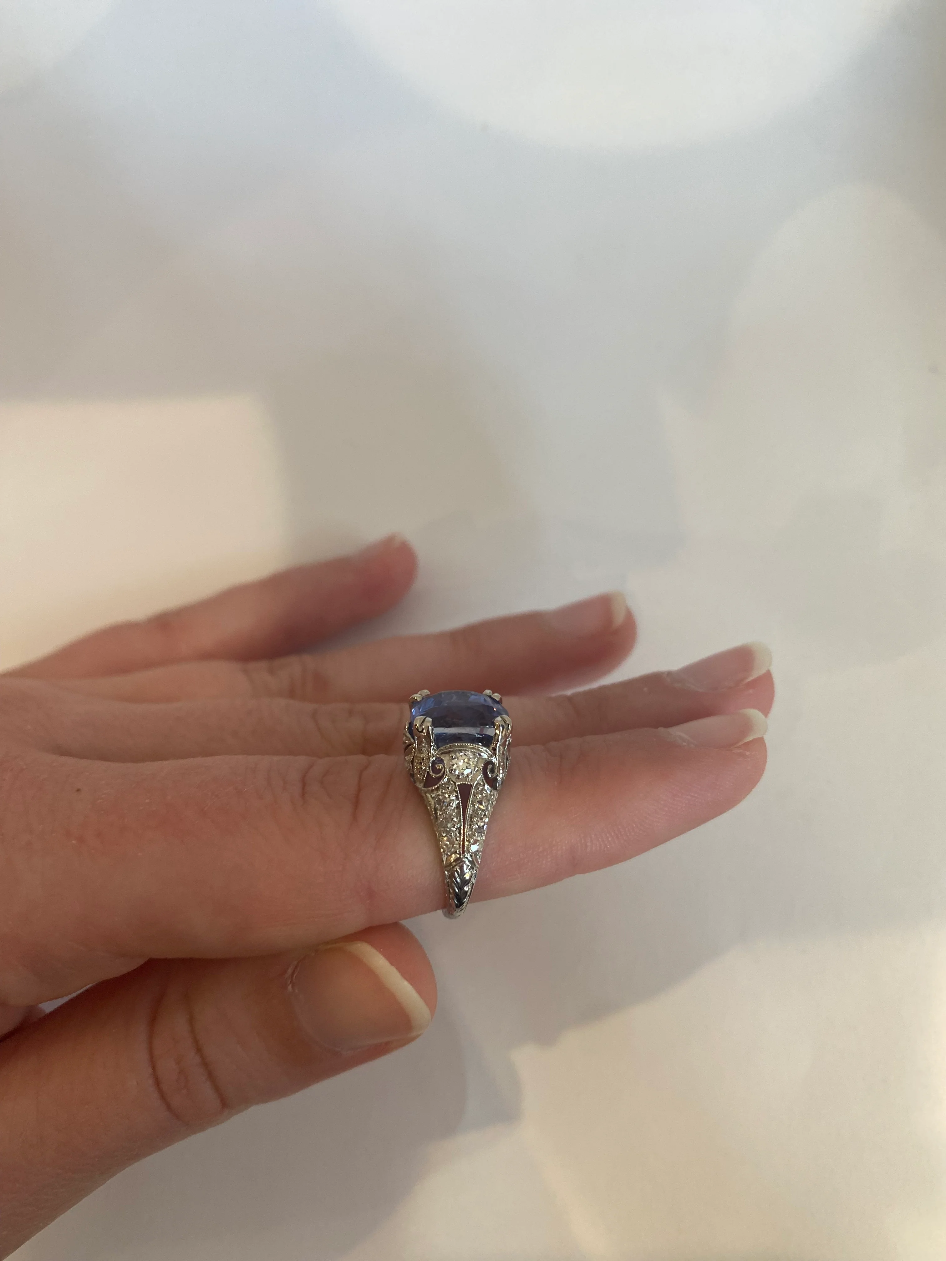 Estate Late Art Deco Platinum Sapphire & Diamond Ring - Image 3