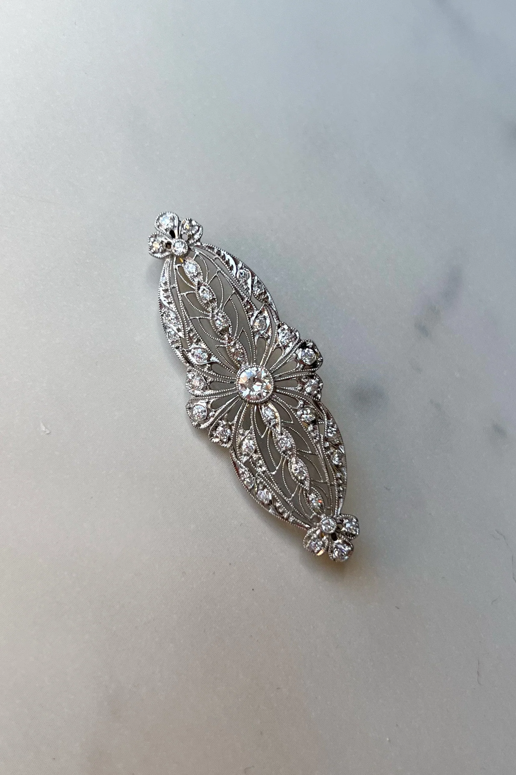 Estate Platinum and 14k Yellow Gold Edwardian Filigree Diamond Brooch - Image 2