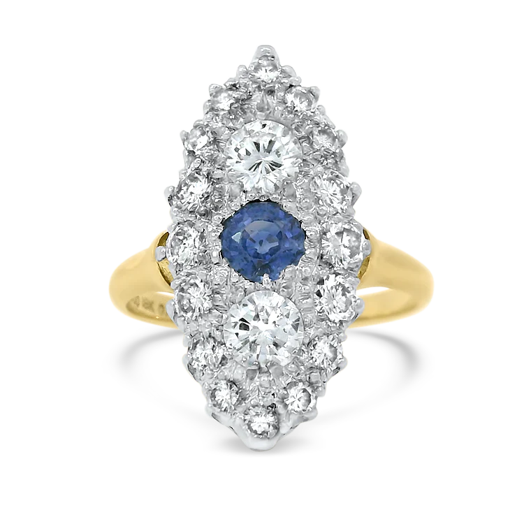 Estate Platinum and 18k Yellow Gold Diamond and Sapphire Navette Ring