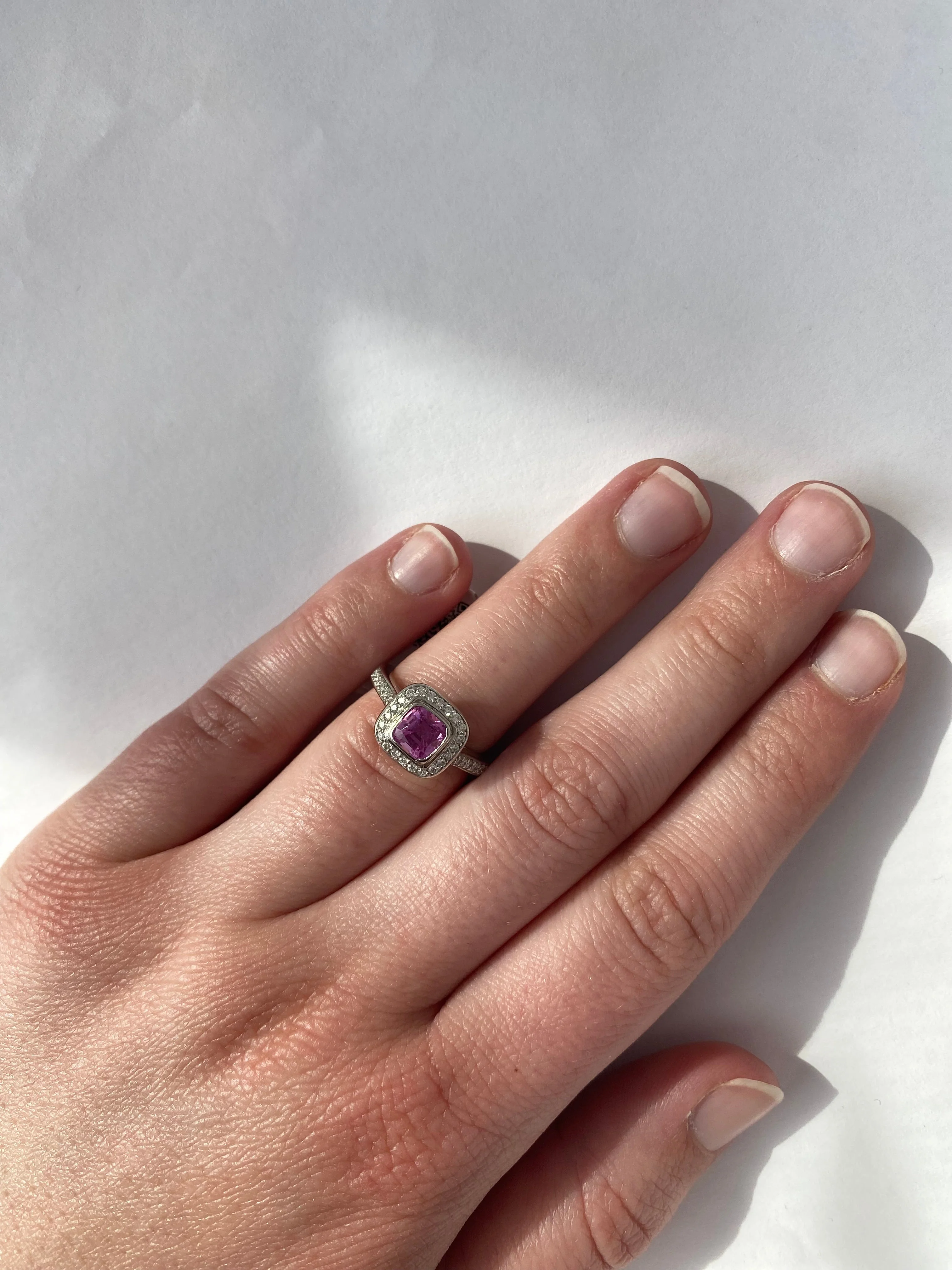 Estate Platinum Cushion-Cut Pink Sapphire Diamond Halo Ring - Image 2