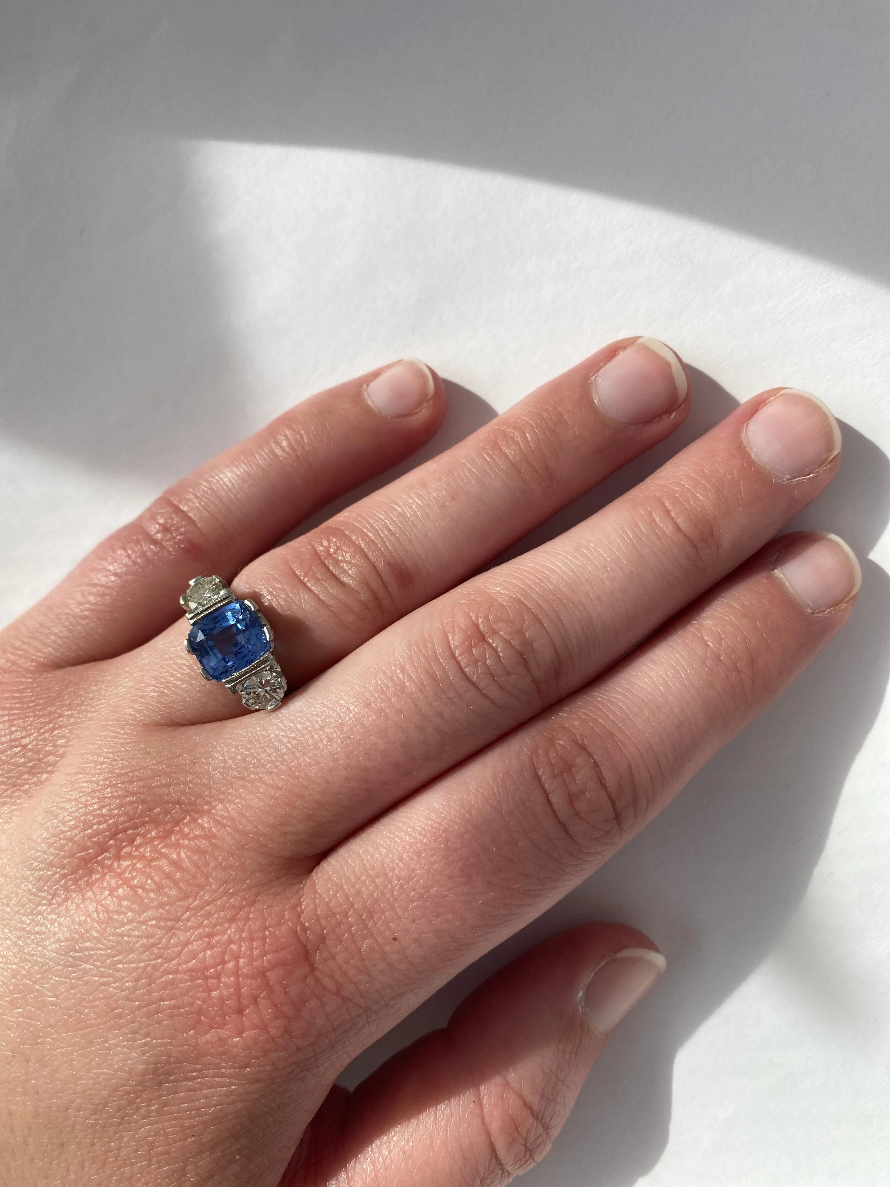 Estate Platinum Three-Stone Sapphire & Diamond Ring - Image 2