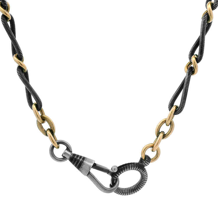 Estate Sterling Silver and 10k Rose Gold German Antique Niello Watch Chain