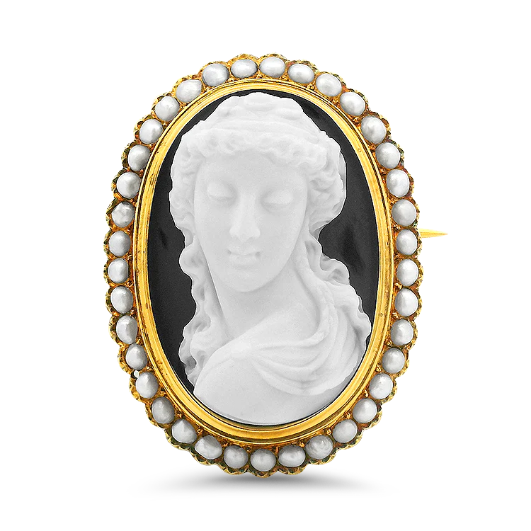 Estate Victorian 18k Yellow Gold Carved Agate Cameo and Cultured Pearls Brooch