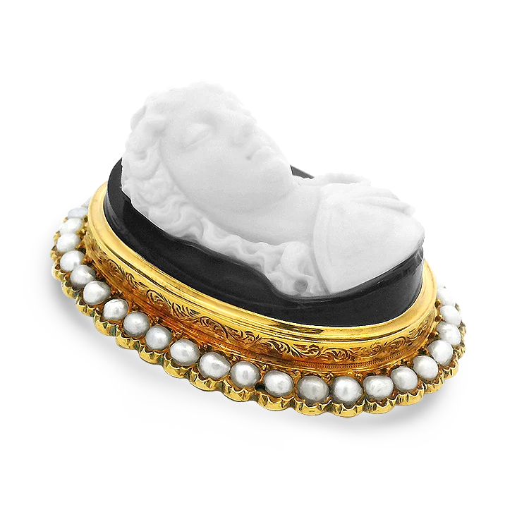 Estate Victorian 18k Yellow Gold Carved Agate Cameo and Cultured Pearls Brooch - Image 2