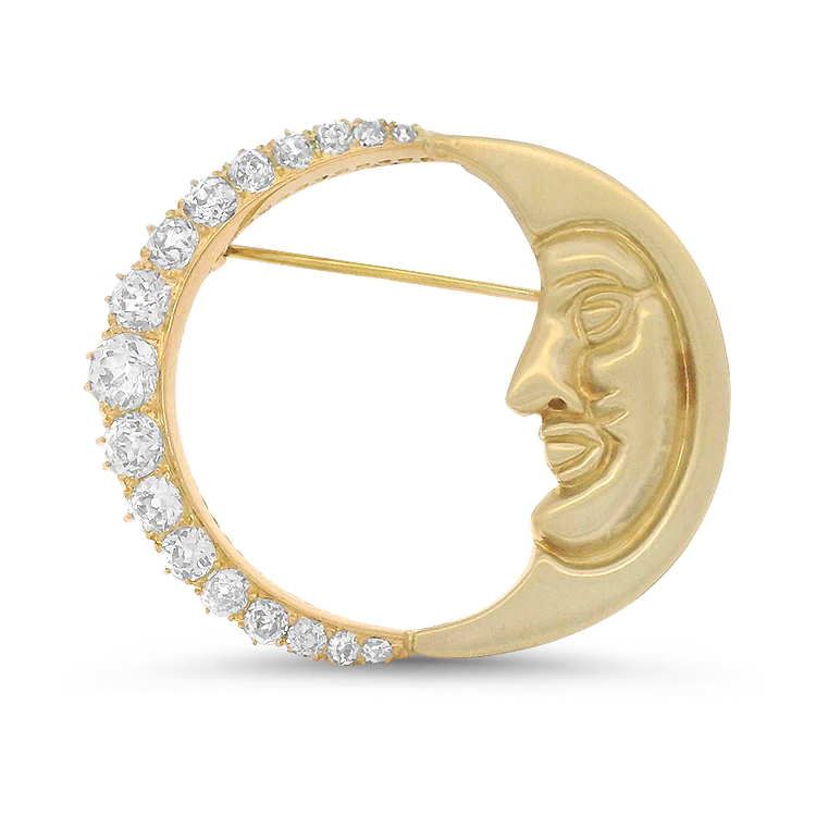 Estate 14K Yellow Gold Victorian Crescent Moon Diamond Pin