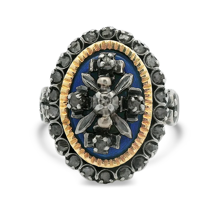 Late Victorian Sterling Silver and 18k Yellow Gold Enamel Diamond Ring