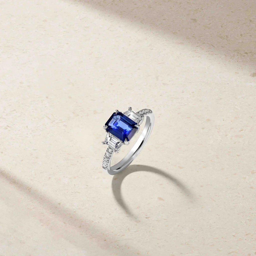 Mark Henry 18k White Gold Nouveau Three Stone Emerald Cut 1.90cts Sapphire and Diamond Ring