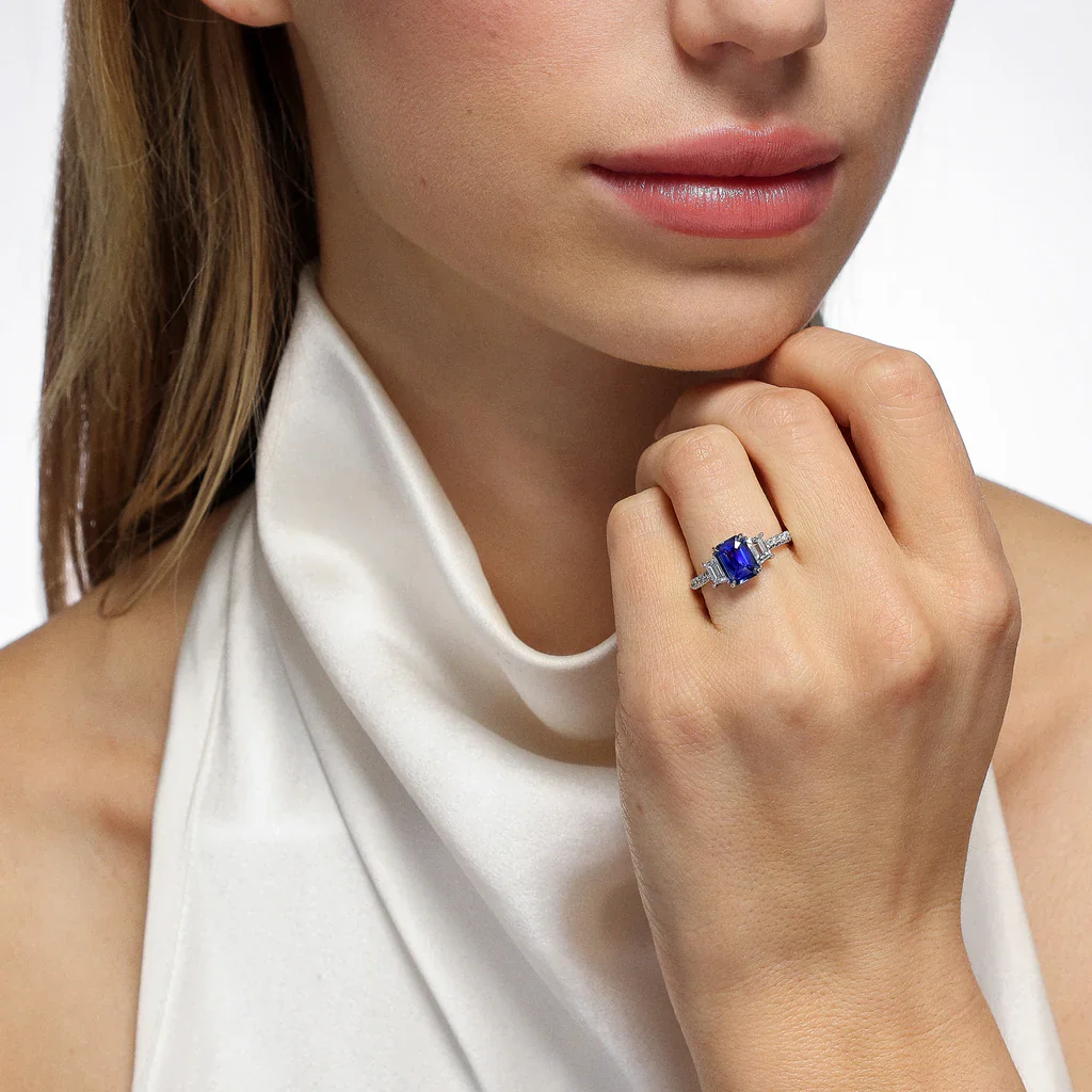 Mark Henry 18k White Gold Nouveau Three Stone Emerald Cut 1.90cts Sapphire and Diamond Ring - Image 2