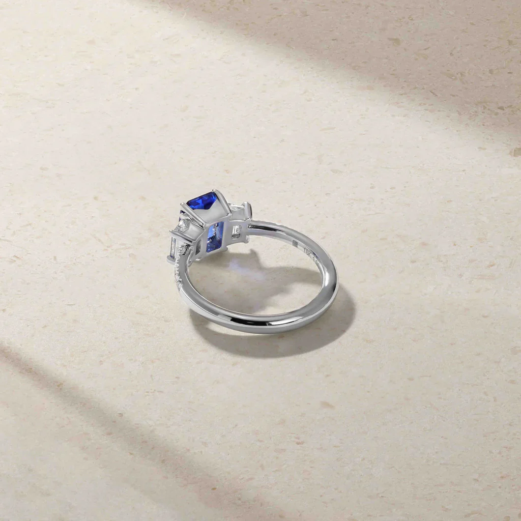Mark Henry 18k White Gold Nouveau Three Stone Emerald Cut 1.90cts Sapphire and Diamond Ring - Image 3