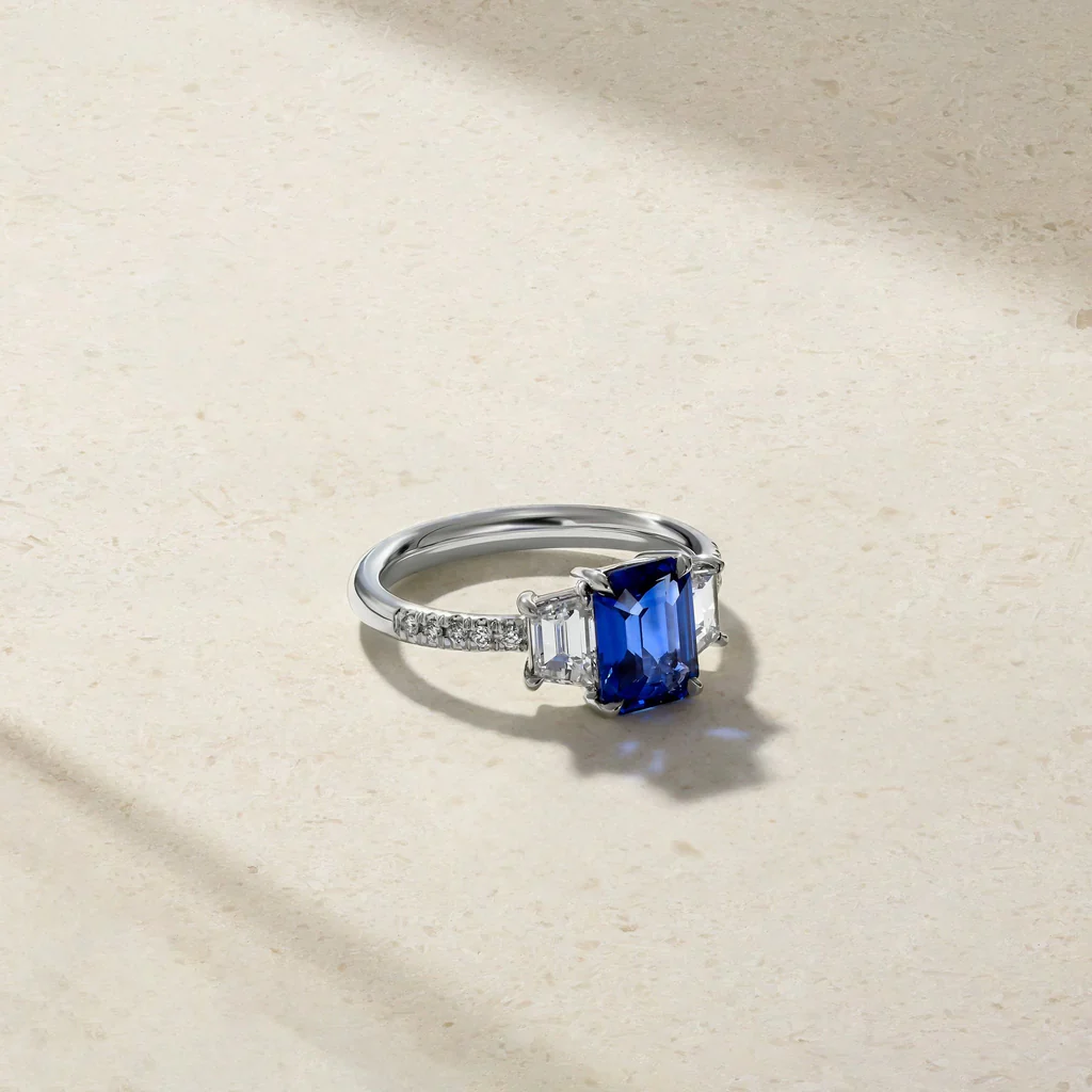 Mark Henry 18k White Gold Nouveau Three Stone Emerald Cut 1.90cts Sapphire and Diamond Ring - Image 4