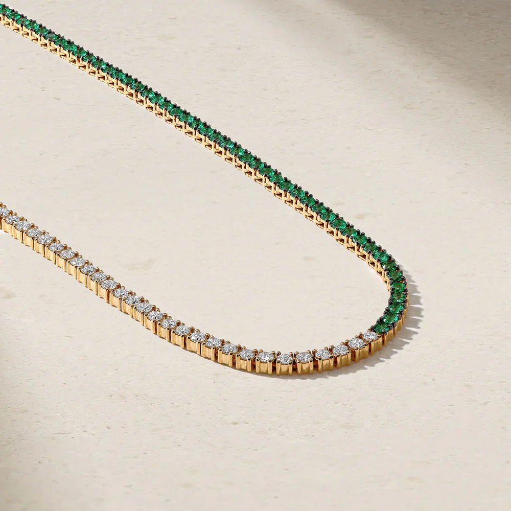 Mark Henry 18k Yellow Gold Half Emerald and Half Diamond Tennis Necklace - Image 3