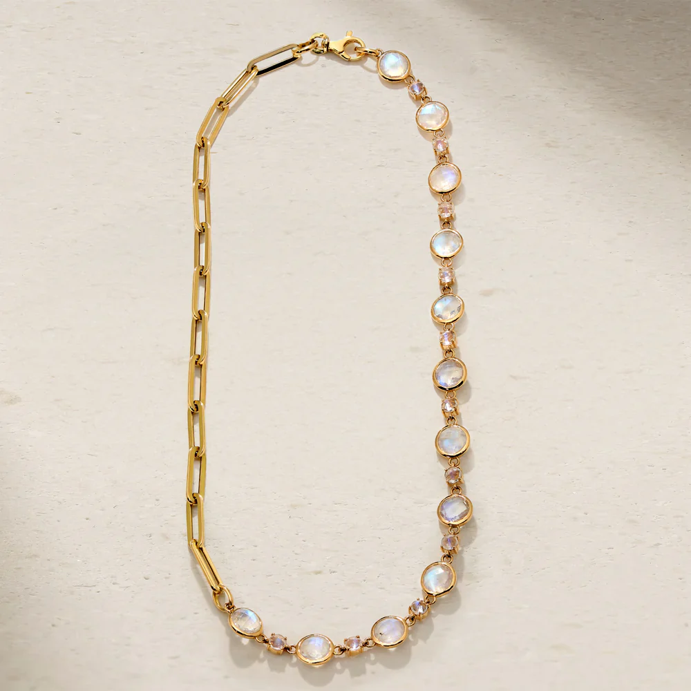 Mark Henry 18k Yellow Gold Half Moonstone and Half Paperclip Chain Necklace