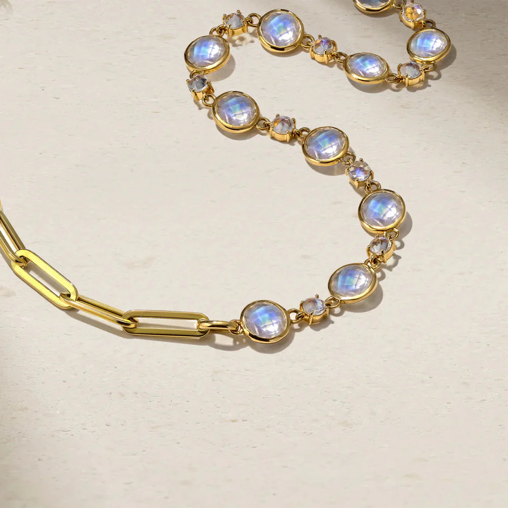 Mark Henry 18k Yellow Gold Half Moonstone and Half Paperclip Chain Necklace - Image 2