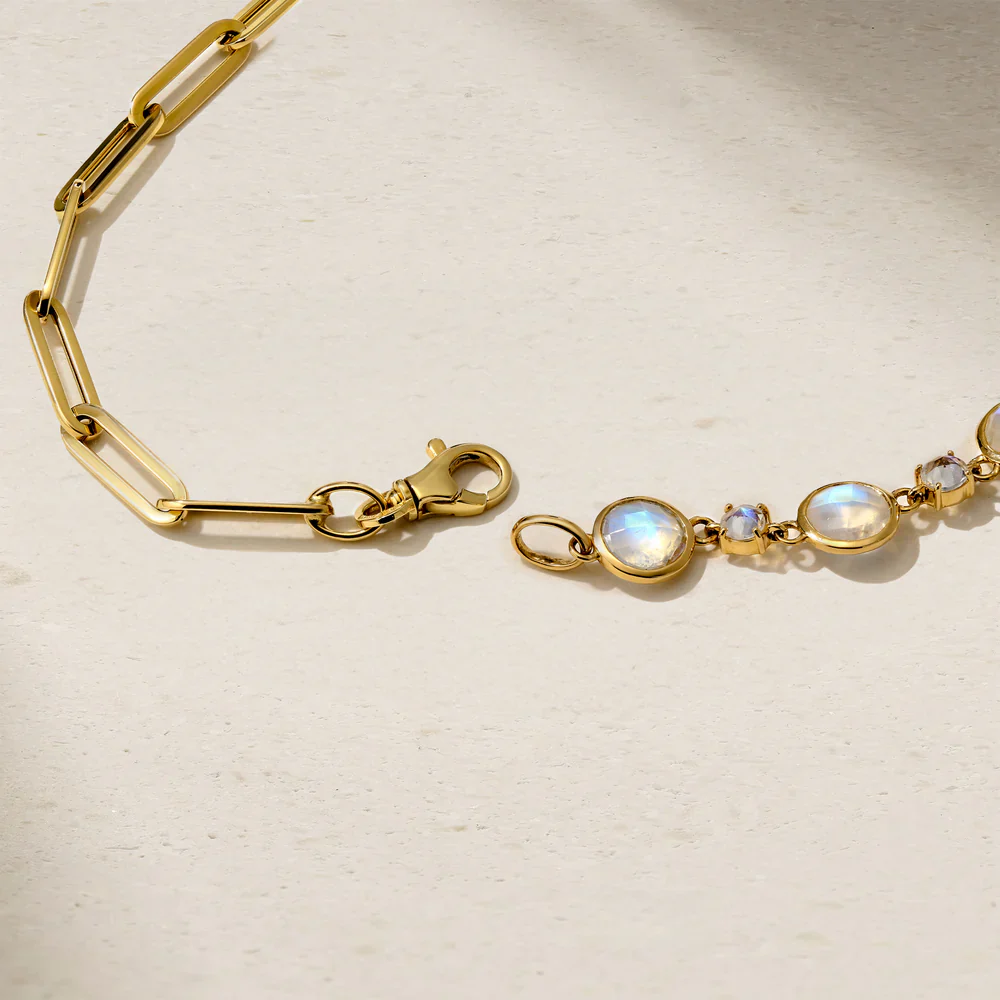 Mark Henry 18k Yellow Gold Half Moonstone and Half Paperclip Chain Necklace - Image 3