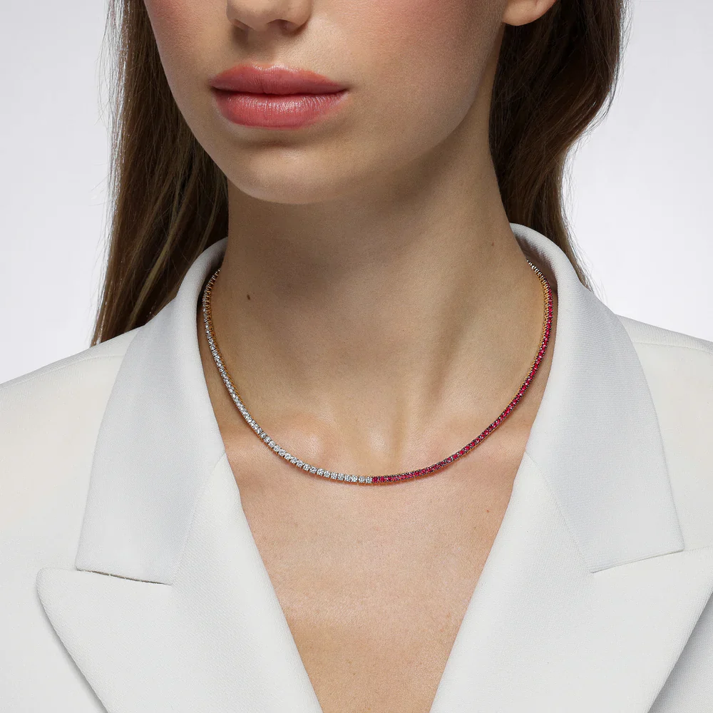 Mark Henry 18k Yellow Gold Half Ruby and Half Diamond Tennis Necklace - Image 2