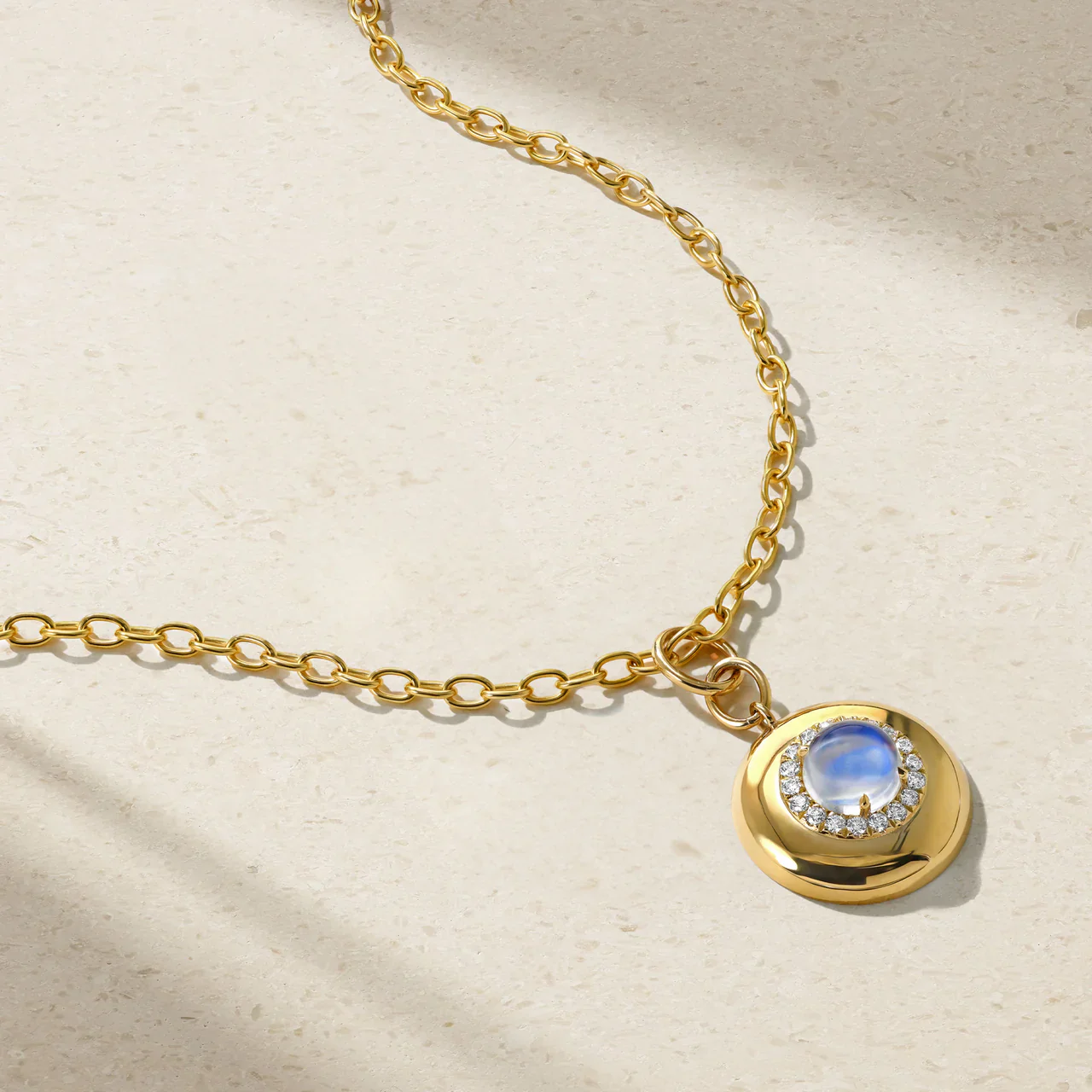 Mark Henry 18k Yellow Gold Heirloomed Round Moonstone & Diamond Pendant Necklace