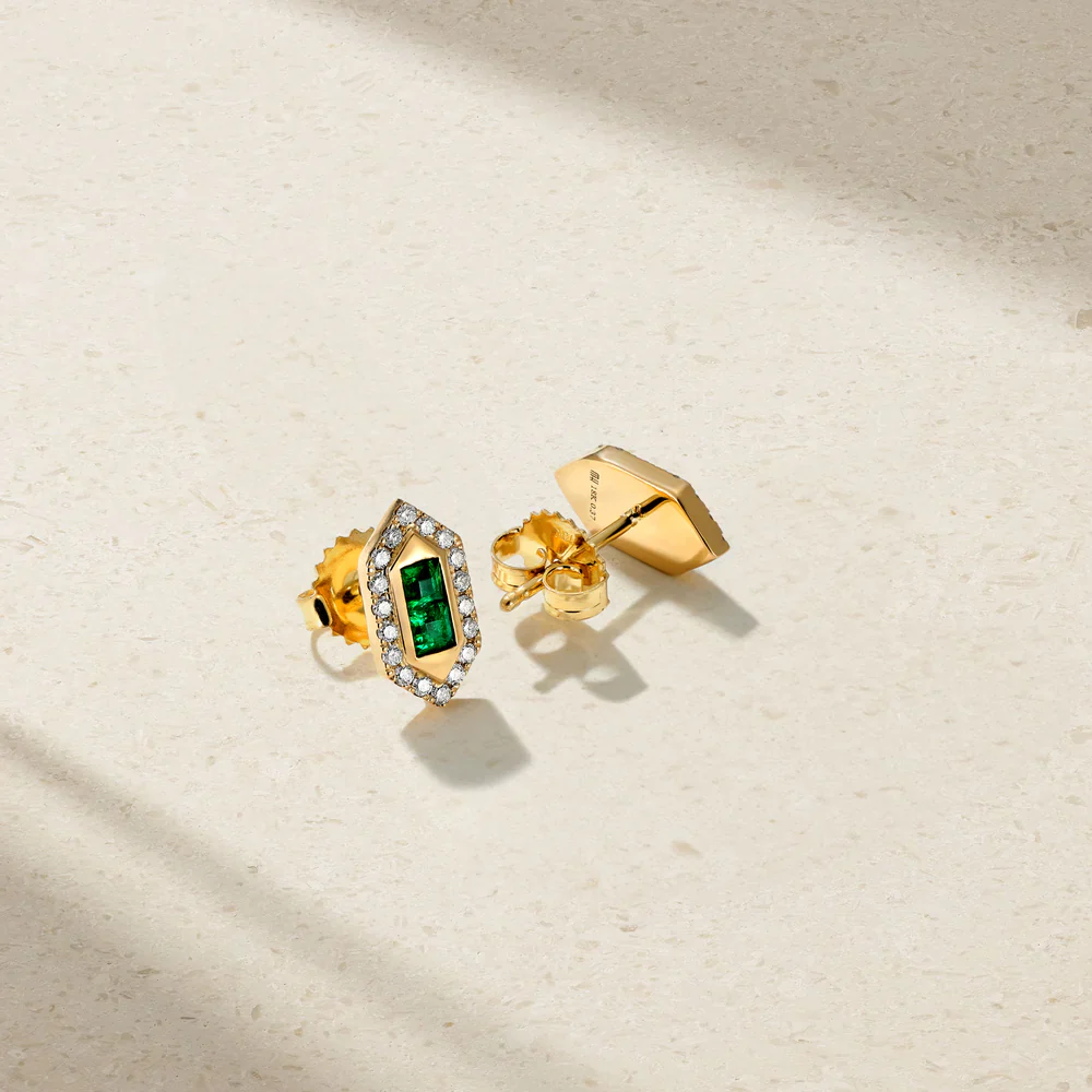 Mark Henry 18k Yellow Gold Pair of Pharaoh Emerald and Diamond Stud Earrings - Image 3