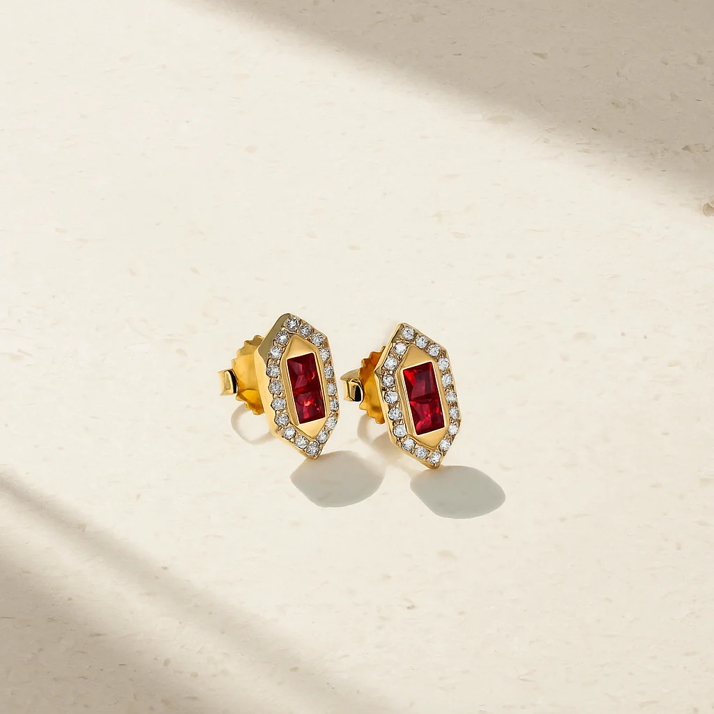 Mark Henry 18k Yellow Gold Pharaoh Ruby & Diamond Hexagonal Stud Earrings