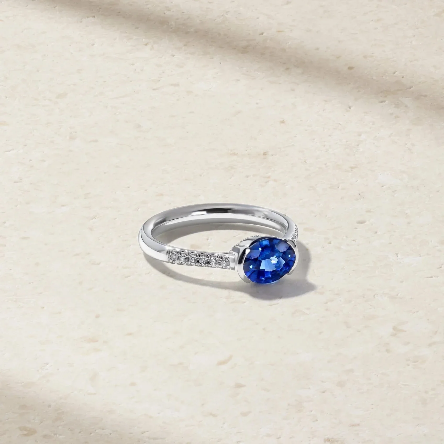 Mark Henry East-West Half Bezel 18k White Gold Blue Sapphire and Diamond Ring - Image 2
