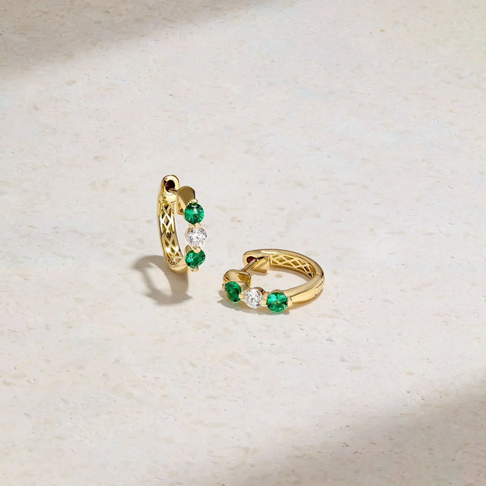 Mark Henry Ellipse 18k Yellow Gold Mini Triplet Emerald and Diamond Huggie Earrings