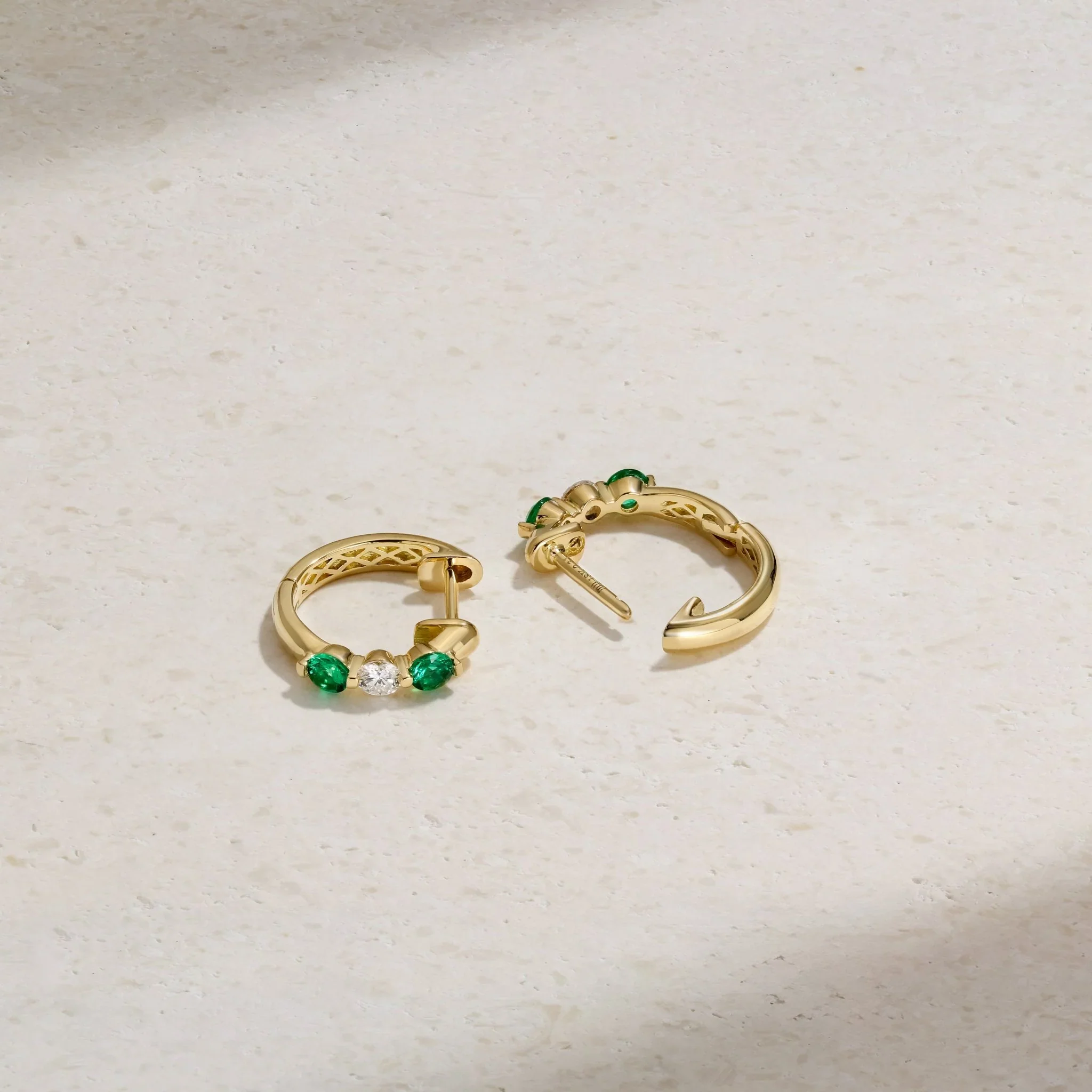 Mark Henry Ellipse 18k Yellow Gold Mini Triplet Emerald and Diamond Huggie Earrings - Image 2
