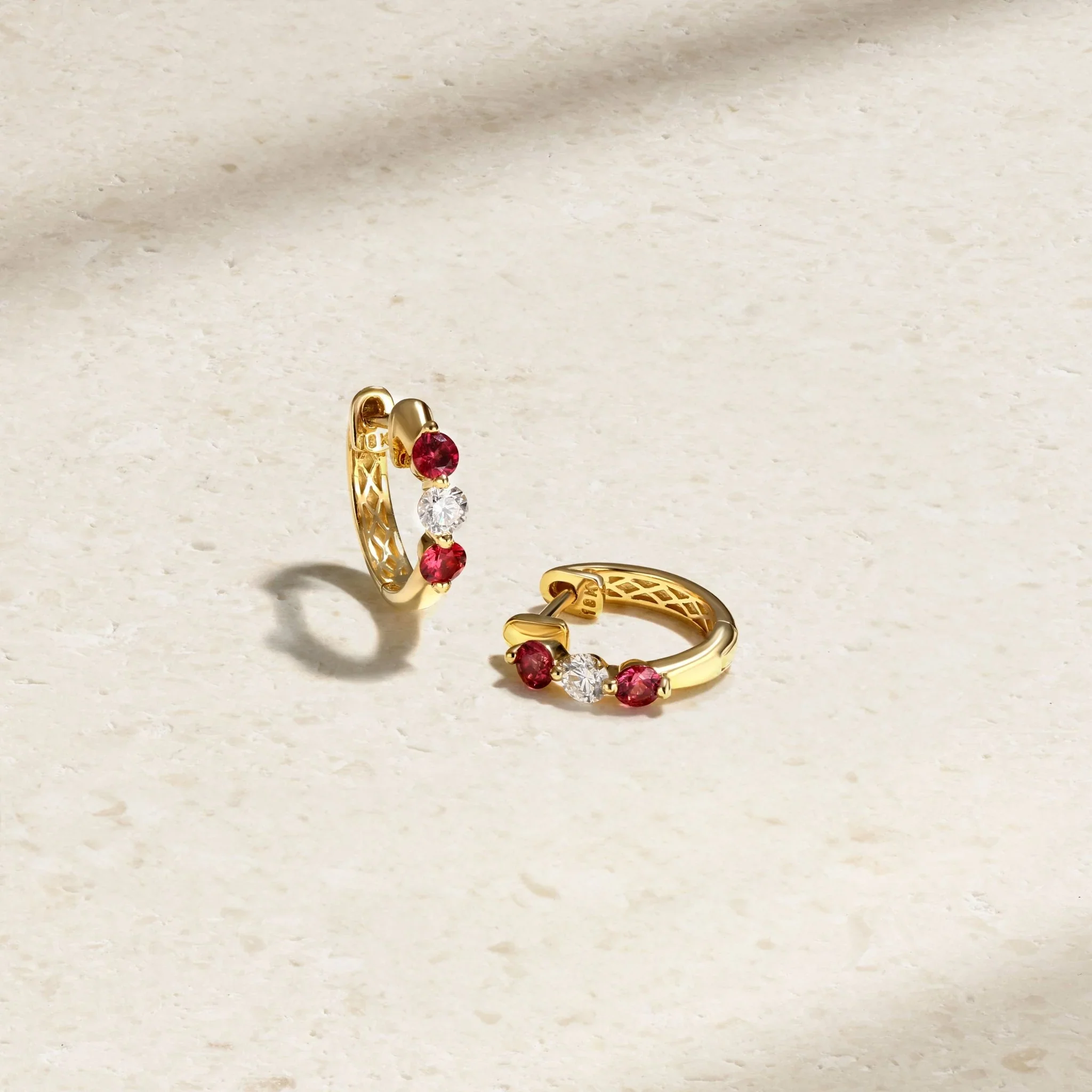 Mark Henry Ellipse 18k Yellow Gold Mini Triplet Ruby and Diamond Huggie Earrings