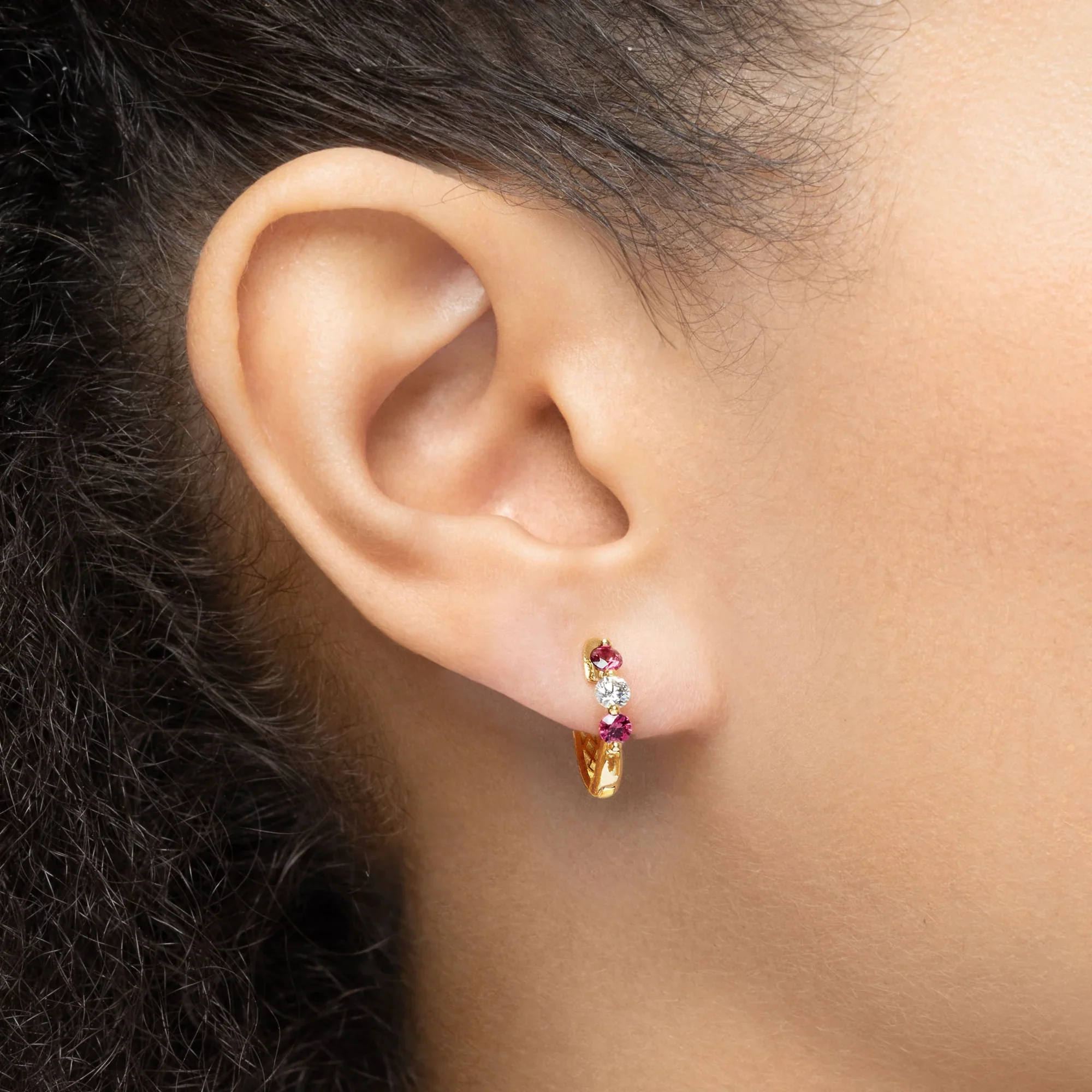 Mark Henry Ellipse 18k Yellow Gold Mini Triplet Ruby and Diamond Huggie Earrings - Image 2