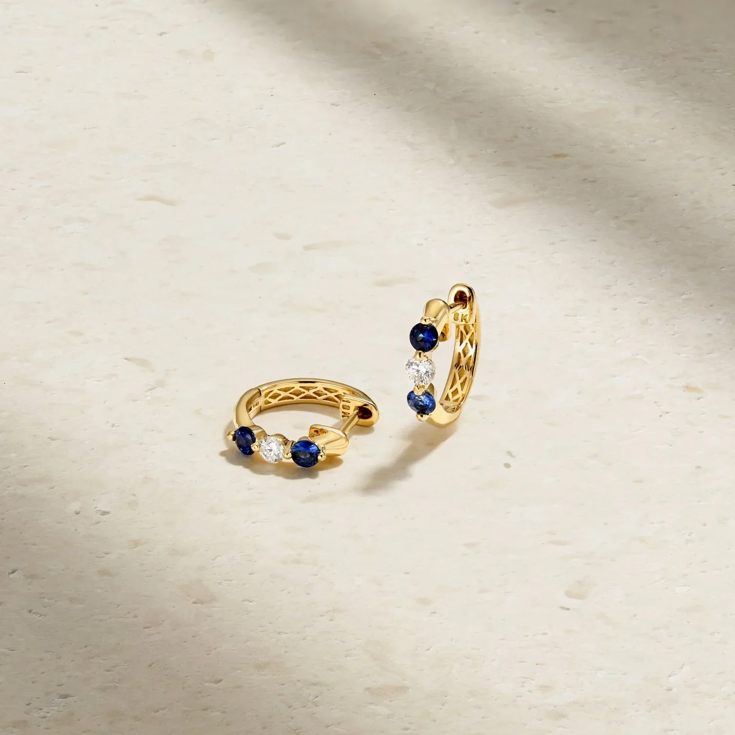 Mark Henry Ellipse 18k Yellow Gold Mini Triplet Sapphire and Diamond Huggie Earrings