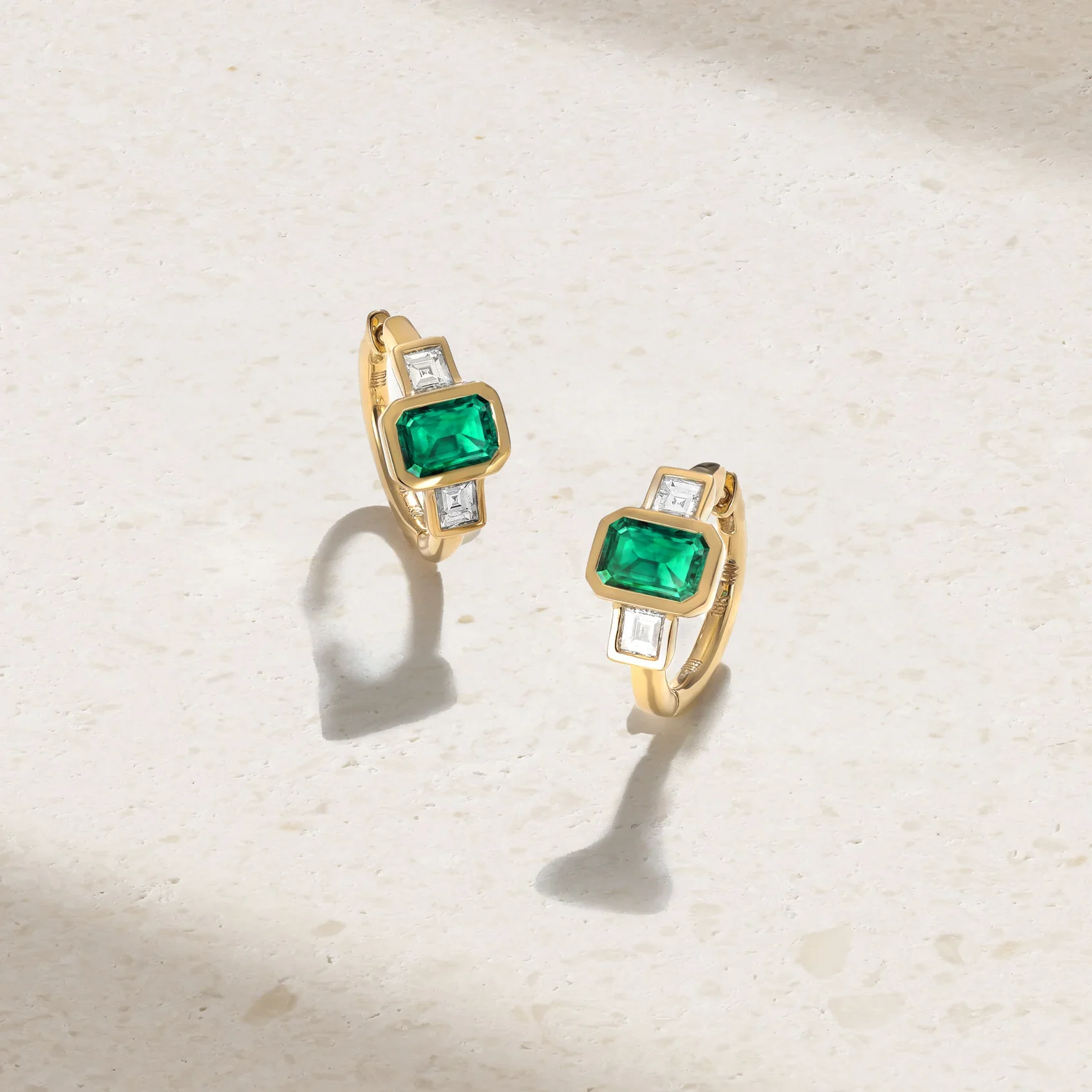 Mark Henry Ellipse 18k Yellow Gold Three Stone Octagonal Emerald and Diamond Huggie Earrings