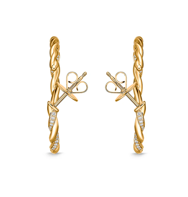Memoire Vine Twisted Pave 18k Yellow Gold Medium Diamond Hoops - Image 3
