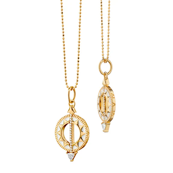 Monica Rich Kosann 18k Yellow Gold Time is Precious Mini White Enamel Sundial Pendant Necklace