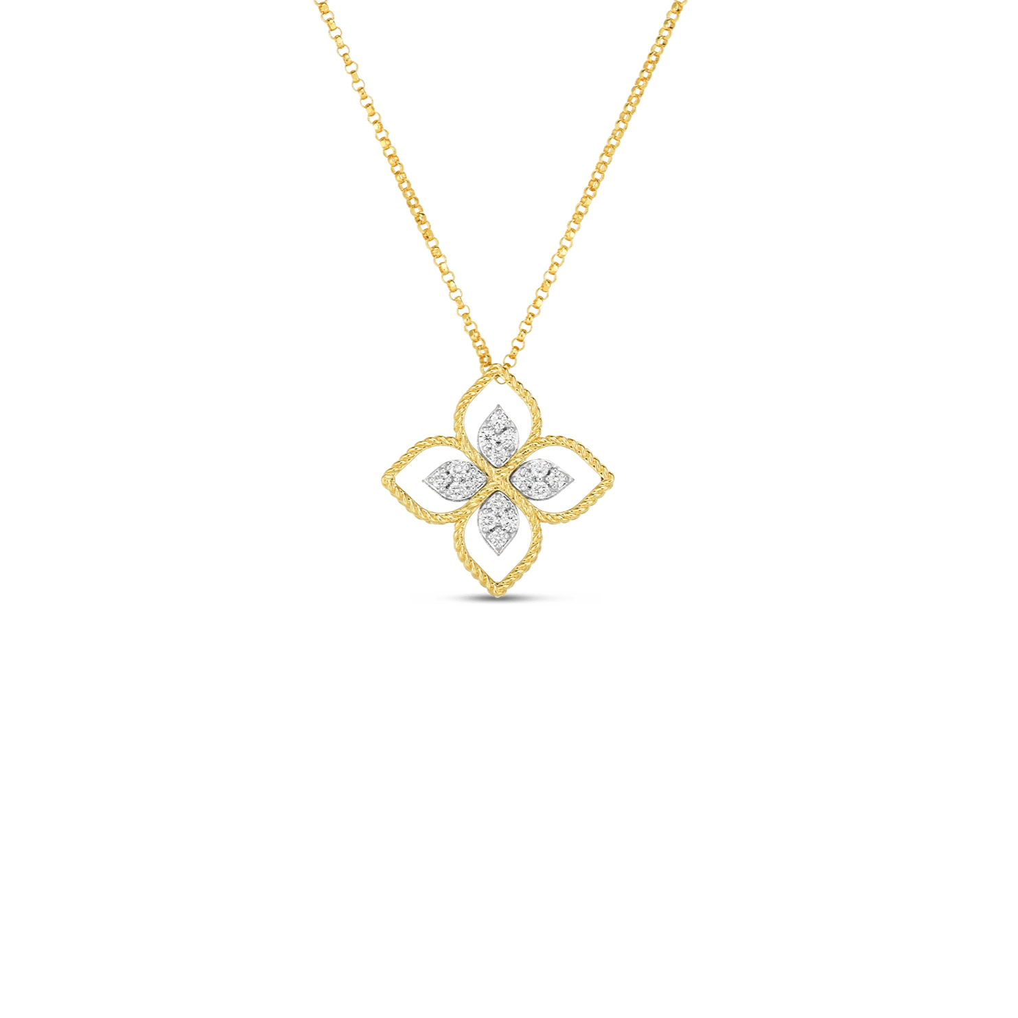 Roberto Coin Principessa 18k Yellow and White Gold Large Diamond Flower Necklace