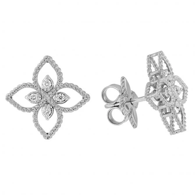 Roberto Coin Principessa Flower Diamond Pavé Small Stud Earrings in White Gold - Image 3