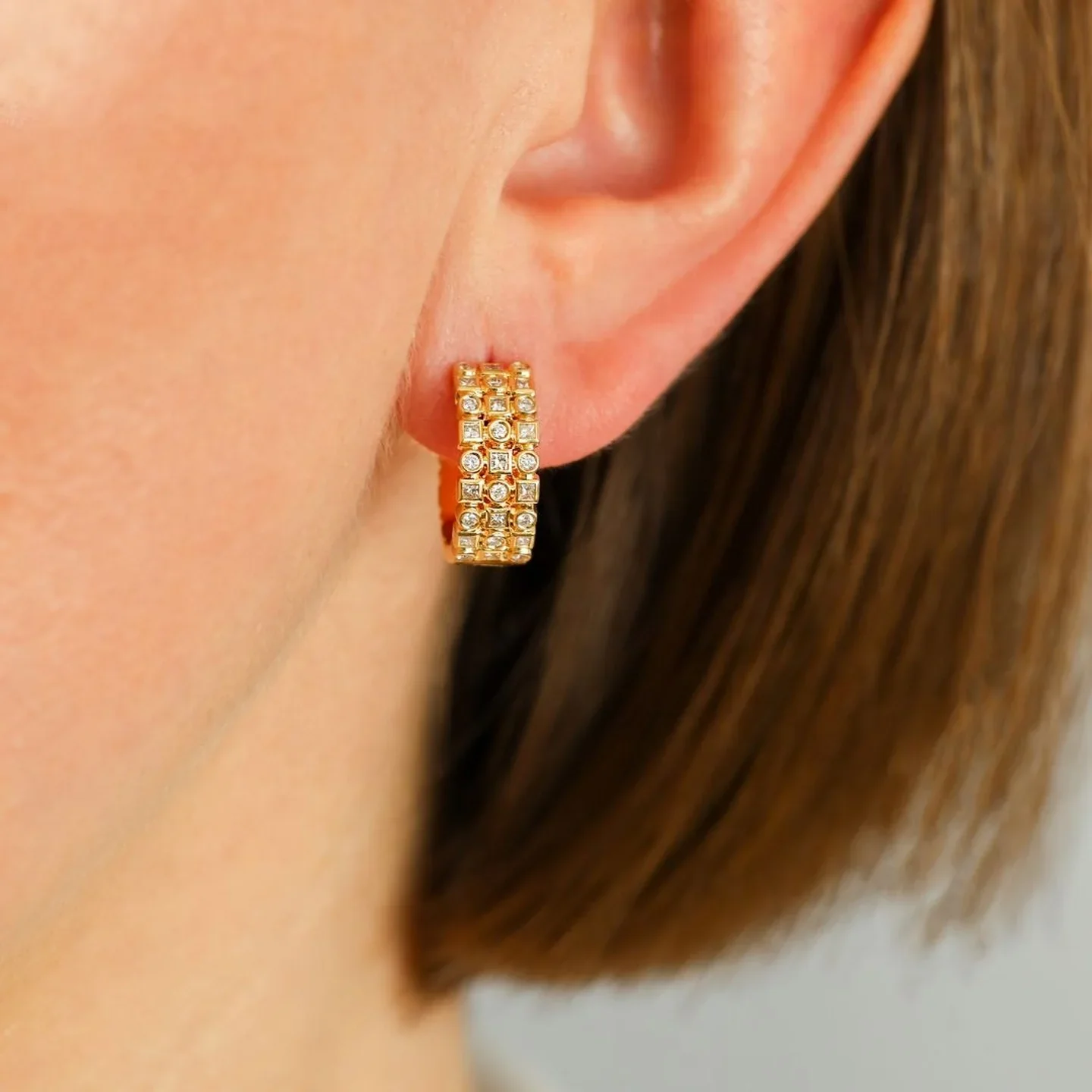 Sethi Couture 18K Yellow Gold Kate Three Row White Diamond Huggies - Image 2