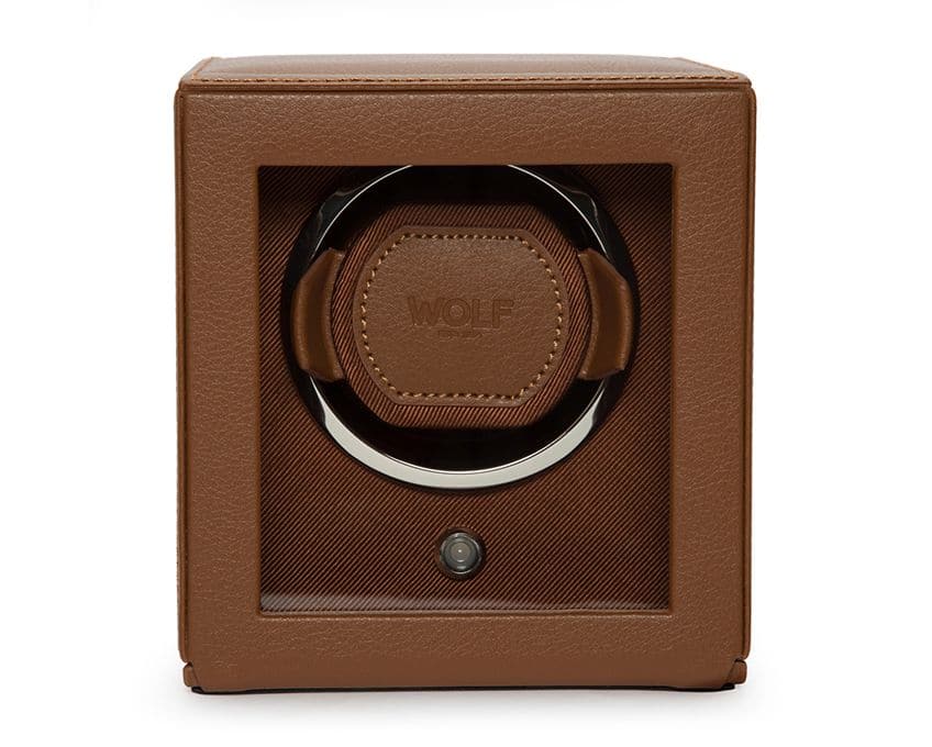 WOLF Single Cub Watch Winder with Cover - Cognac