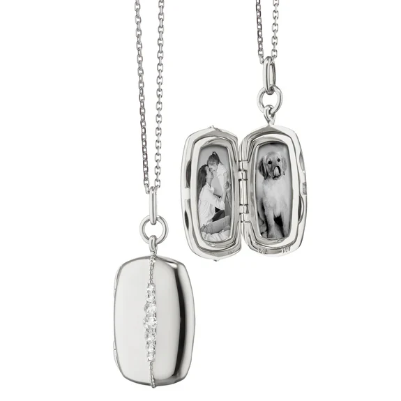 Monica Rich Kosann Sterling Silver Slim Rectangular Kate Locket with a Graduated Rose Cut White Sapphires Stripe