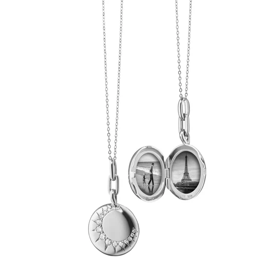 Monica Rich Kosann Sterling Silver Round Sun Locket with White Sapphires