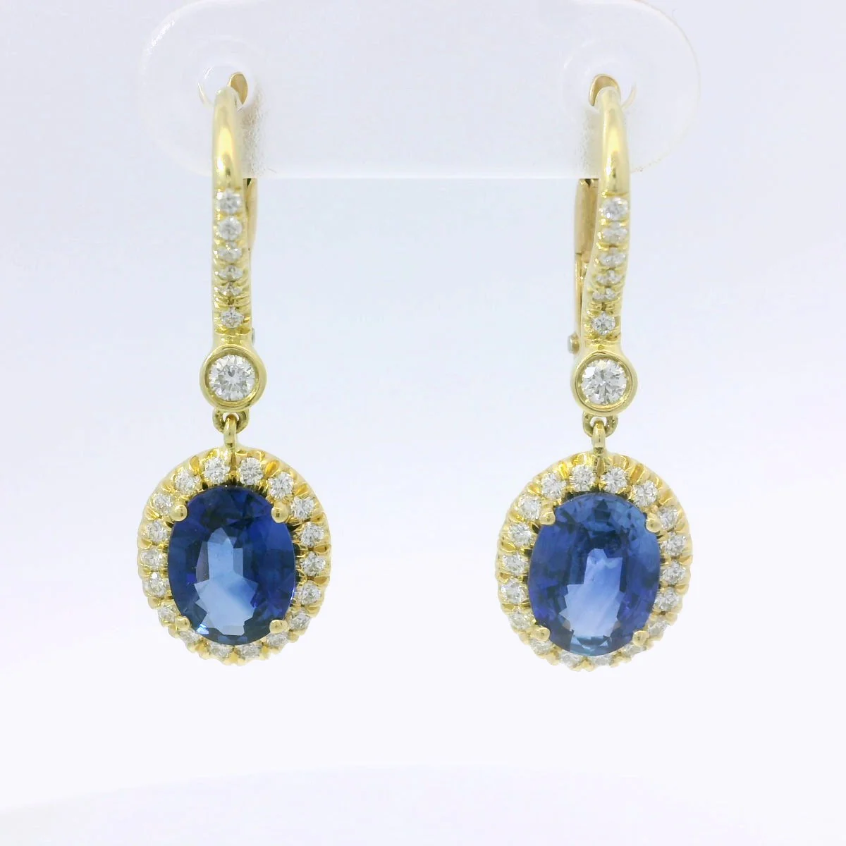 Springer's Forever Select 18k Yellow Gold Blue Sapphire and Diamond Halo Dangle Earrings