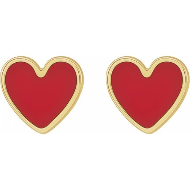 Yellow Gold Red Enamel Heart Stud Earrings